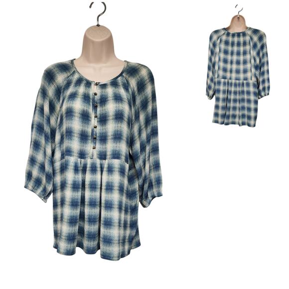 Maeve Anthropologie Blue/Cream Plaid Tunic Top Blouse 3/4 Sleeve Women Medium - Picture 1 of 9